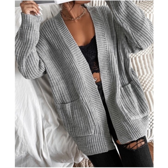 Grey Cozy Chunky Knit Open Front Cardigan XS S M L XL - Picture 2 of 3